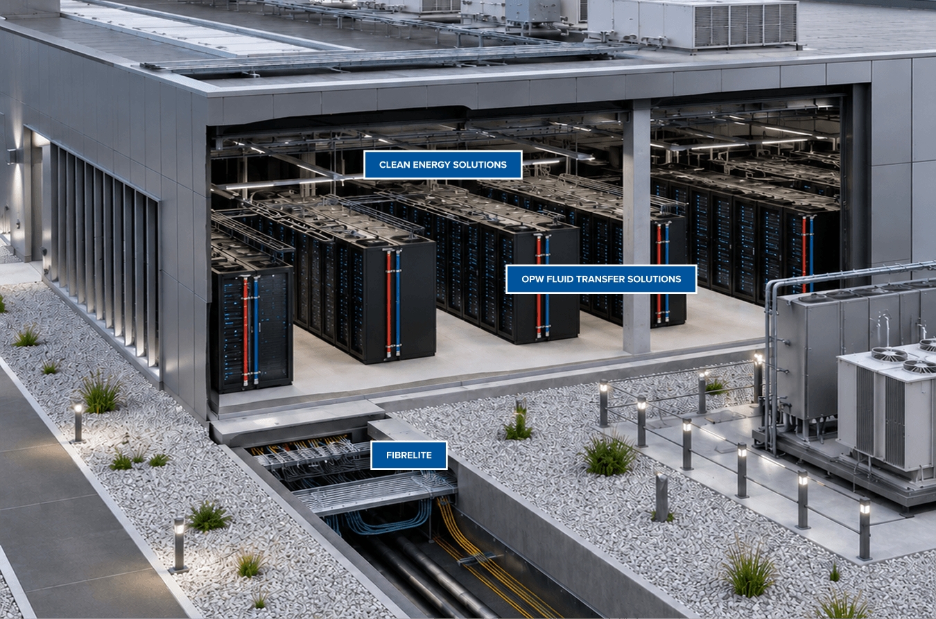 Overview of Data Center facility with call-outs for OPW products